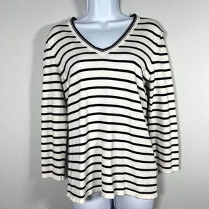 Vintage Lauren Ralph Lauren Womens Striped V Neck Sweater M Black White Cotton